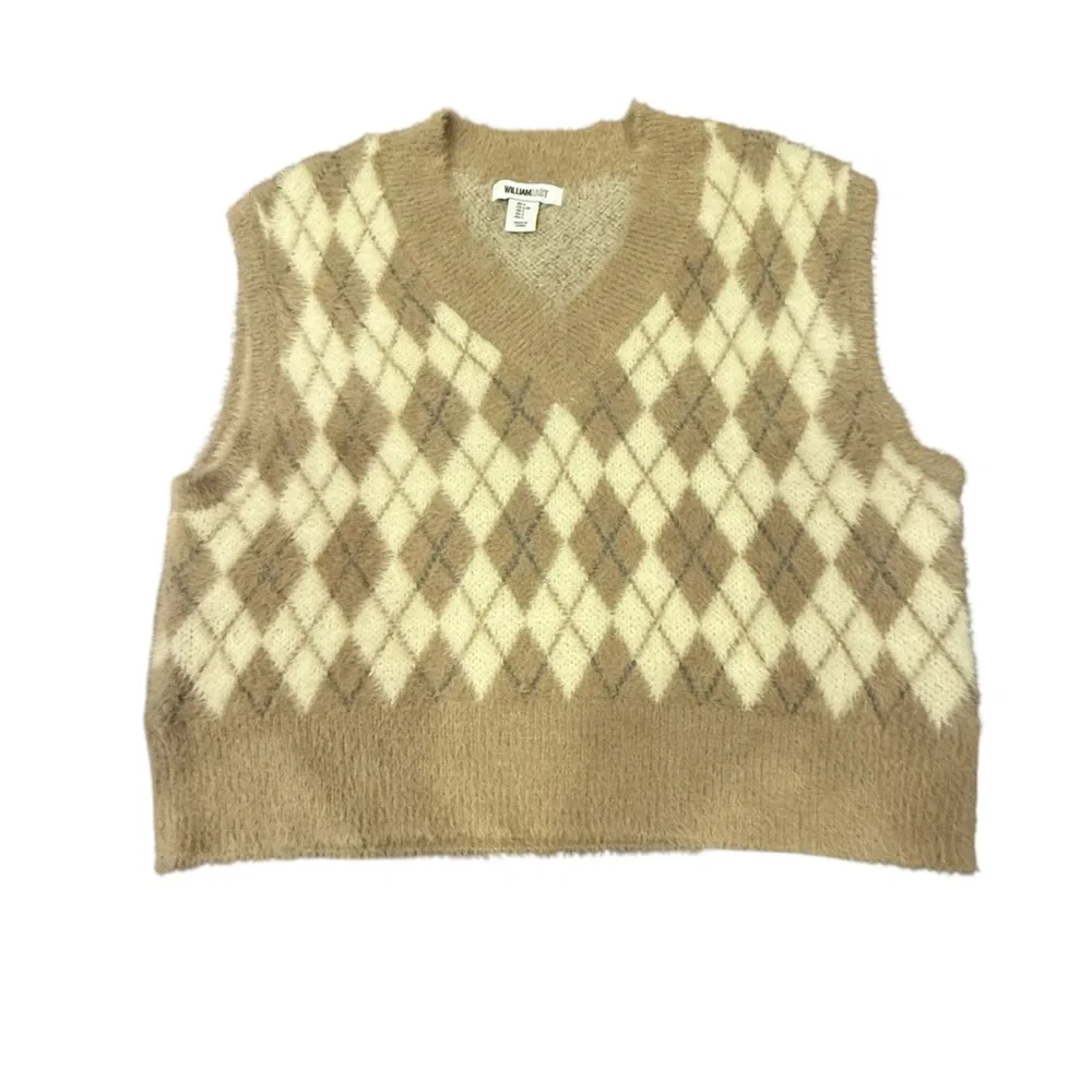 William Rast Women’s Soft Beige Old Money Neutral Argyle Knit Vest sz L - Picture 1 of 8